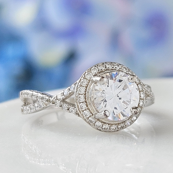 Round Halo Engagement Style Ring, 925 Sterling Silver Charmed Aroma - Picture 4 of 9